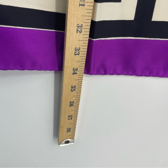 Norman Norell Wide Greek Key Silk Scarf purple black white geometric  34x33.5” - Picture 6 of 7